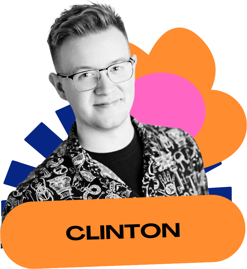 Speaker card for Clinton Aldersley: black and white portrait layered over orange, pink and navy shapes, with an orange name label reading CLINTON.