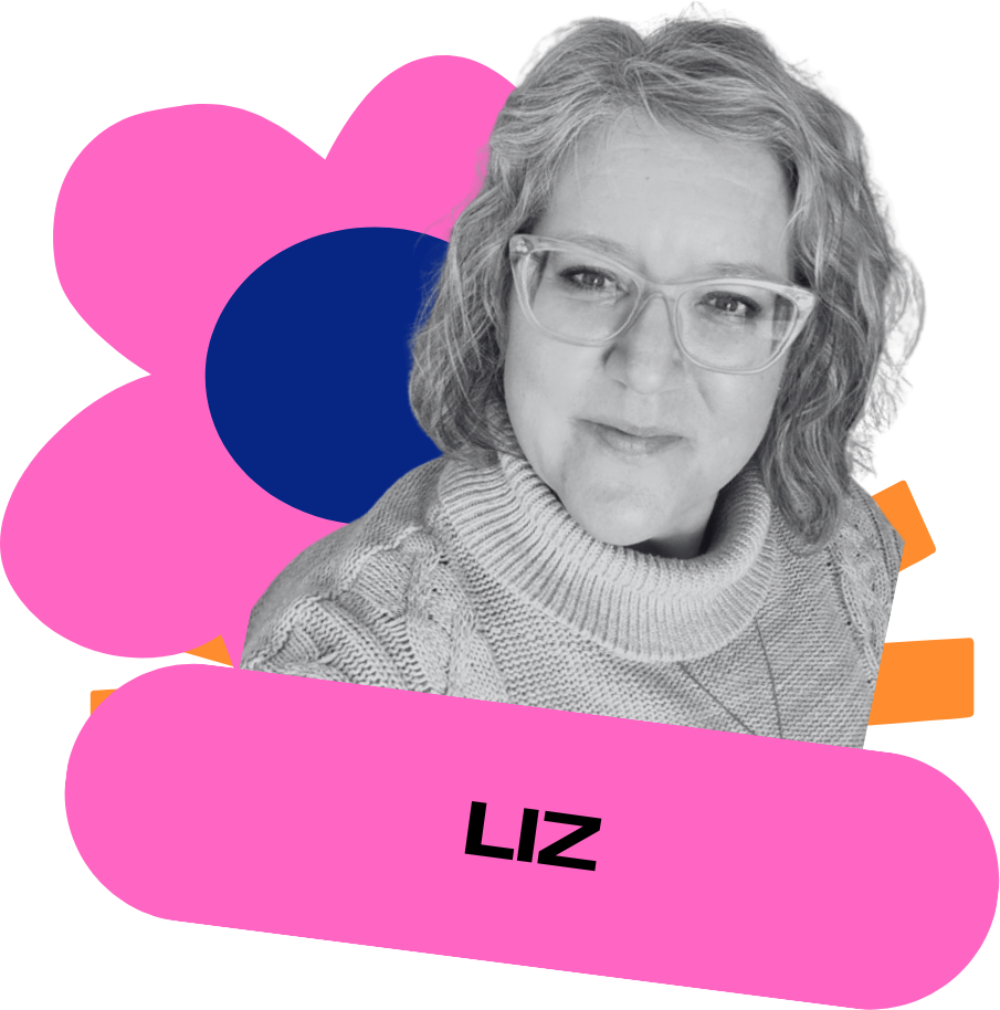 Speaker card for Elizabeth Granby: black and white portrait layered over pink, navy and orange shapes, with a pink name label reading LIZ.