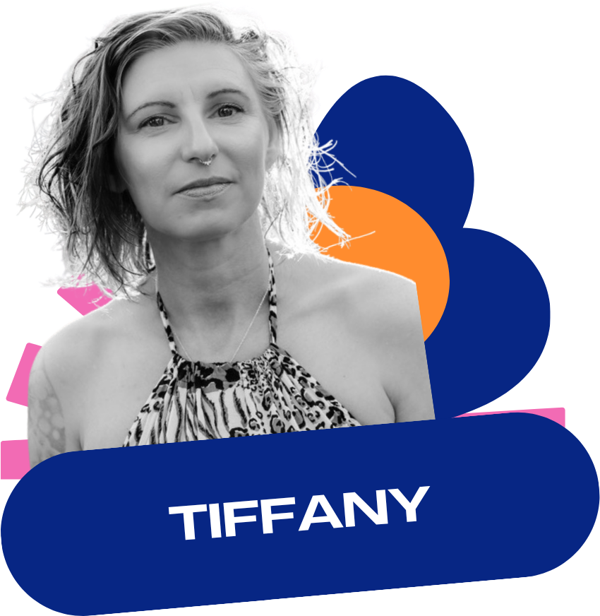 Speaker card for Tiffany Burtch: black and white portrait layered over navy, orange and pink shapes, with a navy name label reading TIFFANY.